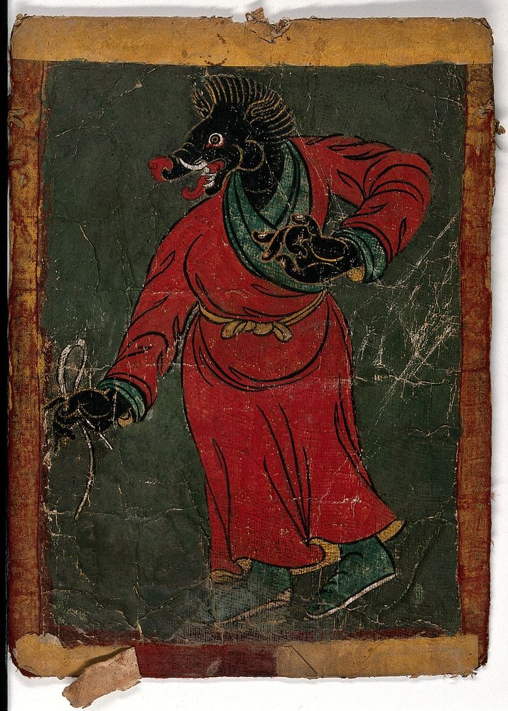A black Tibetan demon with a boar's head, wearing a red and green dress. Gouache painting by a Tibetan artist.