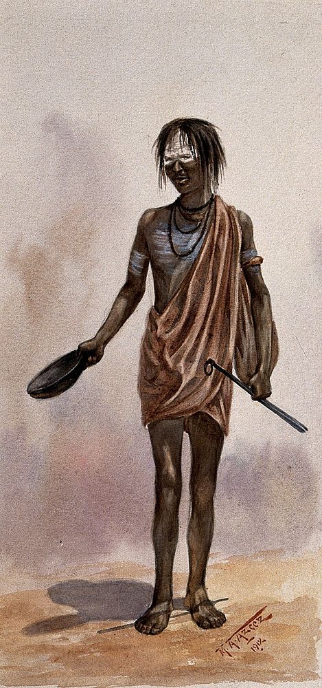 A man with white on his face is carrying a stick and holding out a bowl. Watercolour by M.A. Azeez.