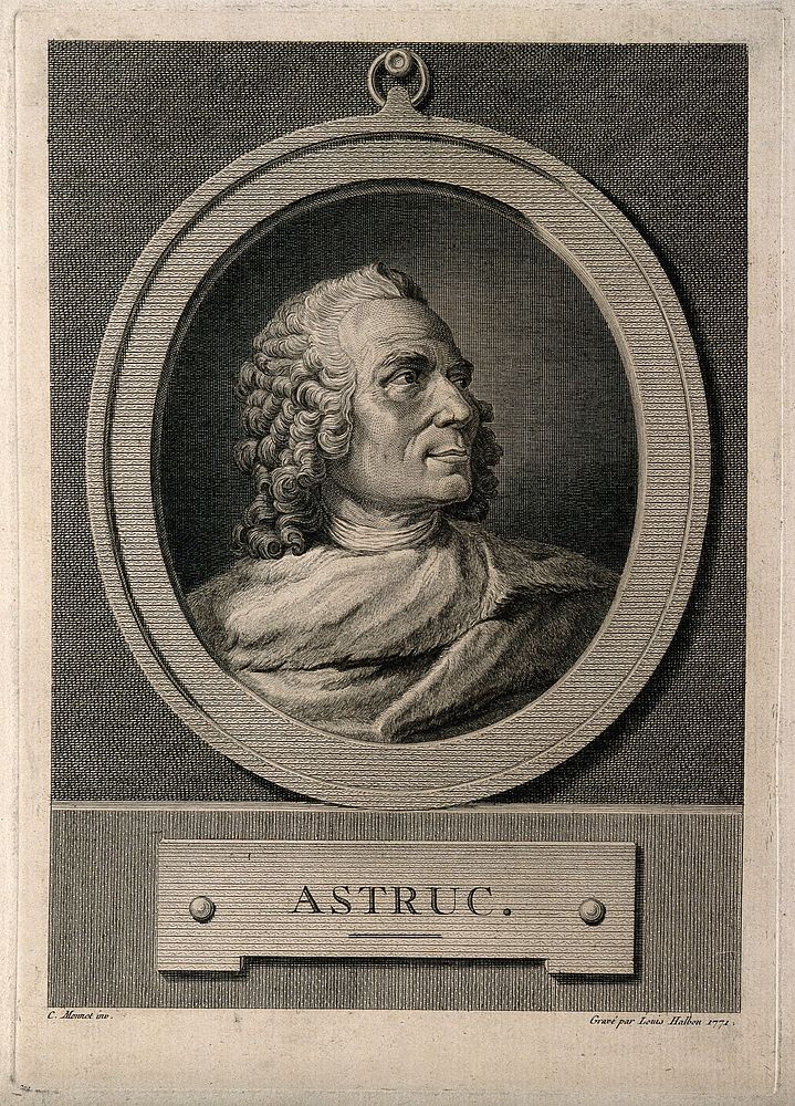 Jean Astruc. Line engraving by L. Halbou, 1771, after C. Monnet.