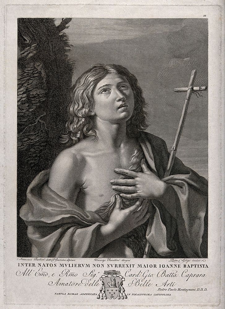 Saint John the Baptist as a youth, in the wilderness, holding a cross. Engraving by P. Ghigi after G.F. Barbieri, il…