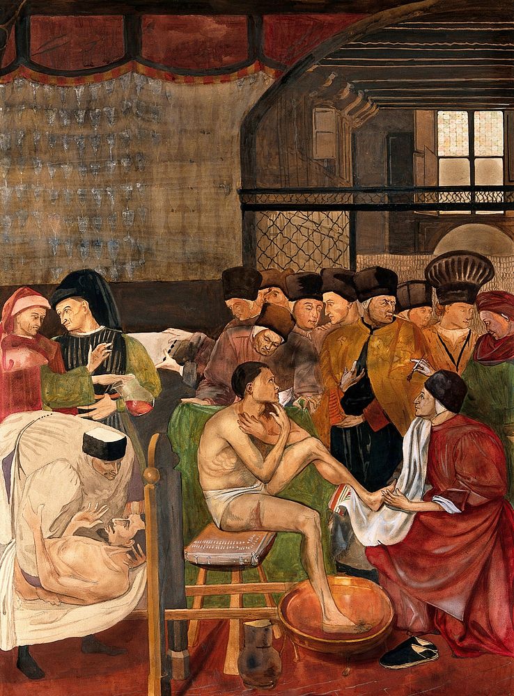Hospital of Santa Maria della Scala, Siena: physicians and surgeons treating the sick. Watercolour, 19--, after Domenico di…