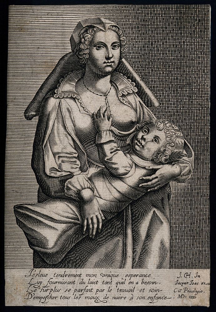 A woman breast-feeding her child. Line engraving by MD after J.Ch., [16--].