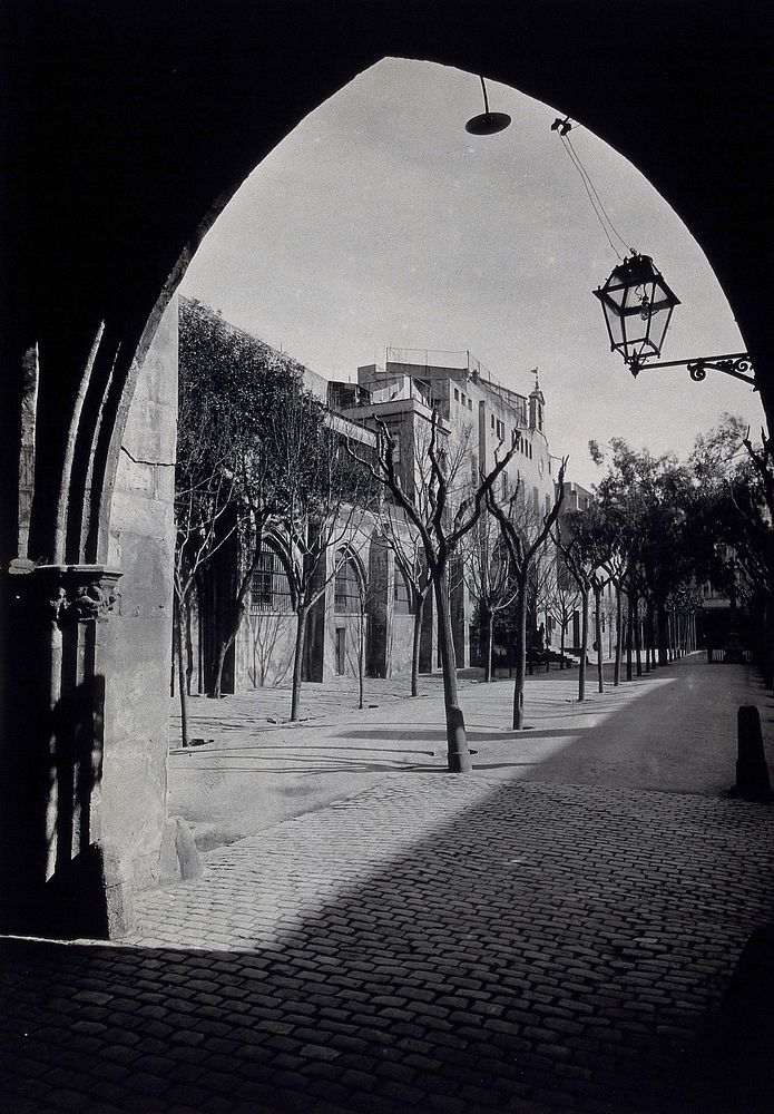 Hospital de la Santa Cruz, Barcelona: a long view of the courtyard. Photograph.