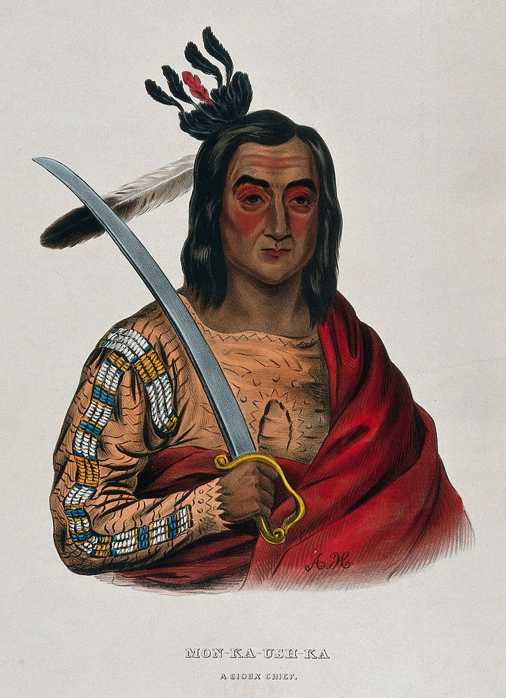 Mon-Ka-Ush-Ka (Monkaushka), a Sioux chief, holding a sword. Coloured lithograph by A. Hoffy after G. Cooke, 1837.