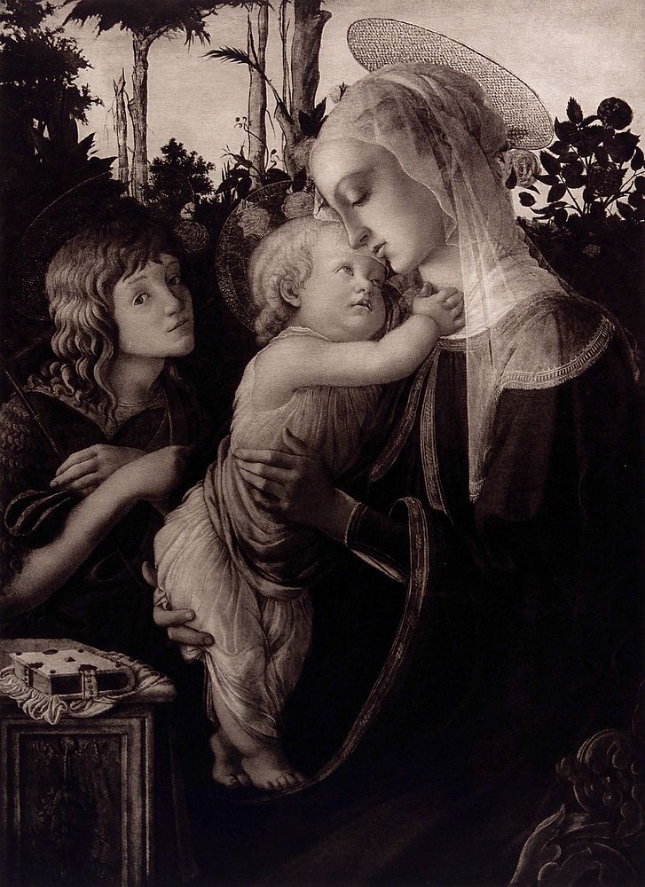 Saint Mary (the Blessed Virgin) with the Christ Child and Saint John the Baptist. Photogravure after S. Botticelli.