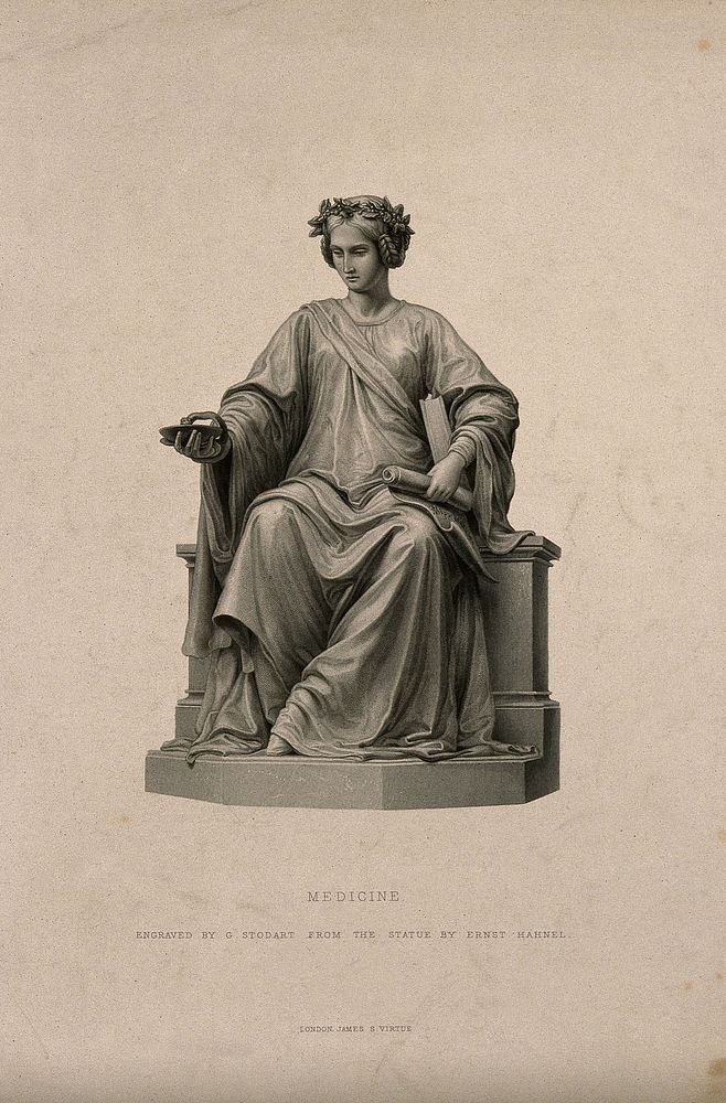 Statue of a seated woman personifying medicine. Stipple engraving by G. Stodart, 18--, after E.J. Hähnel.