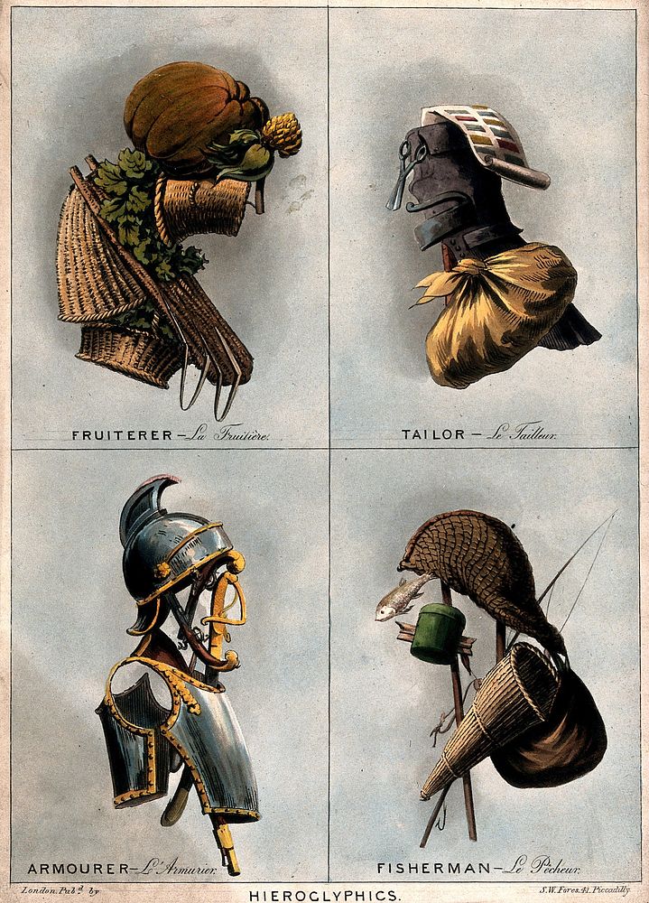 Composite heads: a fruiterer, a tailor, an armourer and a fisherman made of their respective instruments. Coloured aquatint…