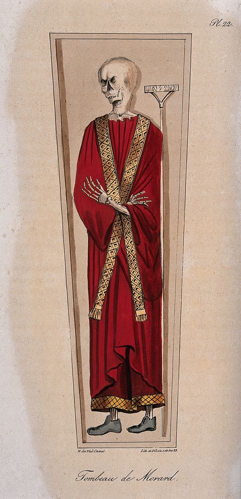 The skeleton of a clergyman called Morard dressed in clerial robes lying in a coffin. Lithograph by François Le Villain…