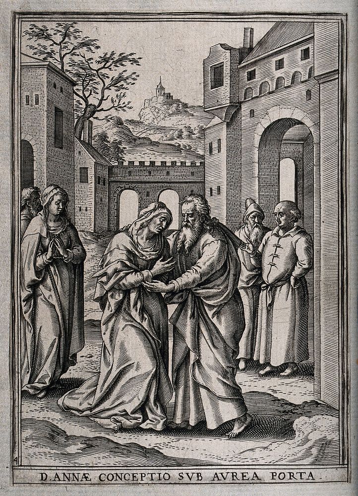 The aged Anne, mother of the Virgin Mary, meets Joachim by the Golden Gate at Jerusalem. Engraving by H. Wierix.