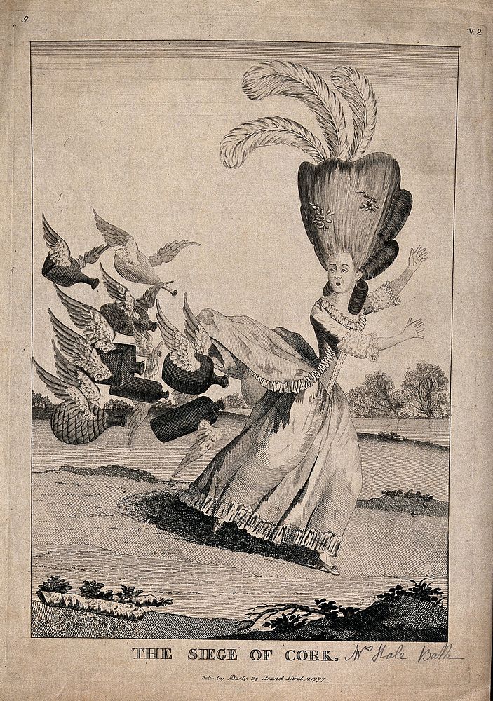 A woman with a very elaborate hair style and a rump extended with cork armatures is being pursued by winged uncorked…