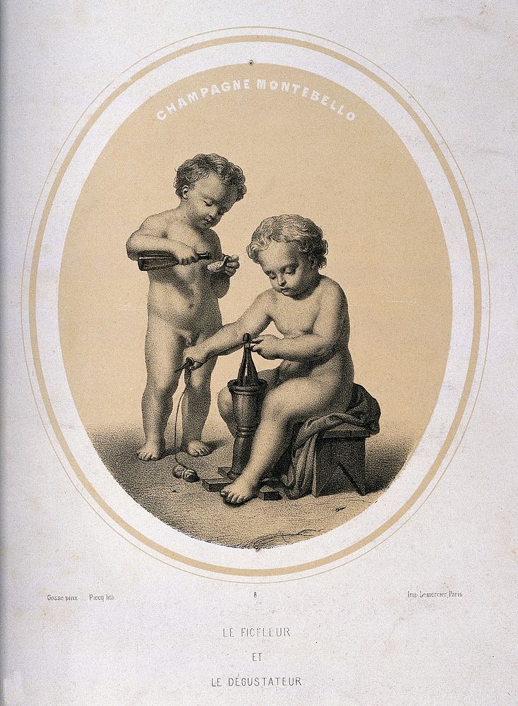 Two naked children tasting champagne and tying up bottles. Lithograph by Piecq, c. 1845, after Gosse.