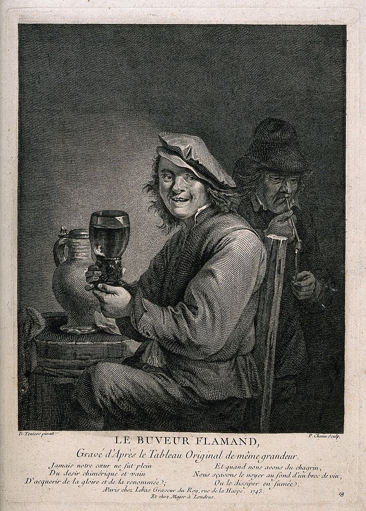 A man sits holding a large glass of wine, behind a man lights his pipe. Engraving by P. Chenu, 1743, after D. Teniers II.