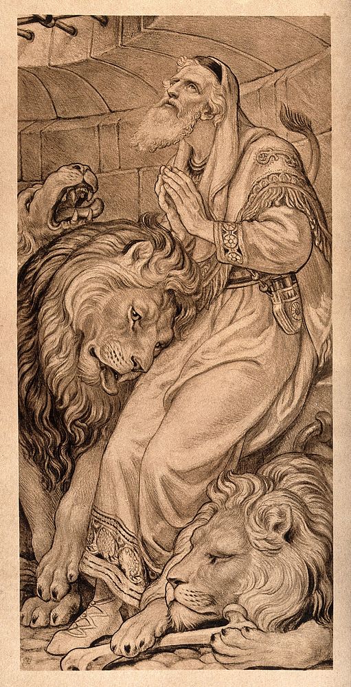 Daniel praying in the lion's den. Lithograph.