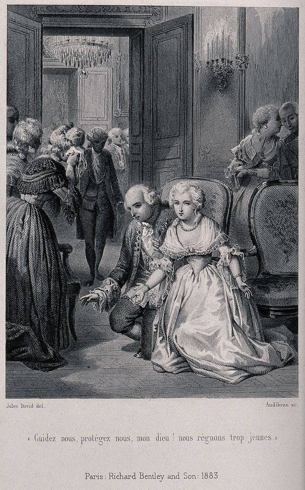 King Louis XVI and Marie Antoinette kneel in prayer as Louis becomes king of France on the death of Louis XV. Line engraving…