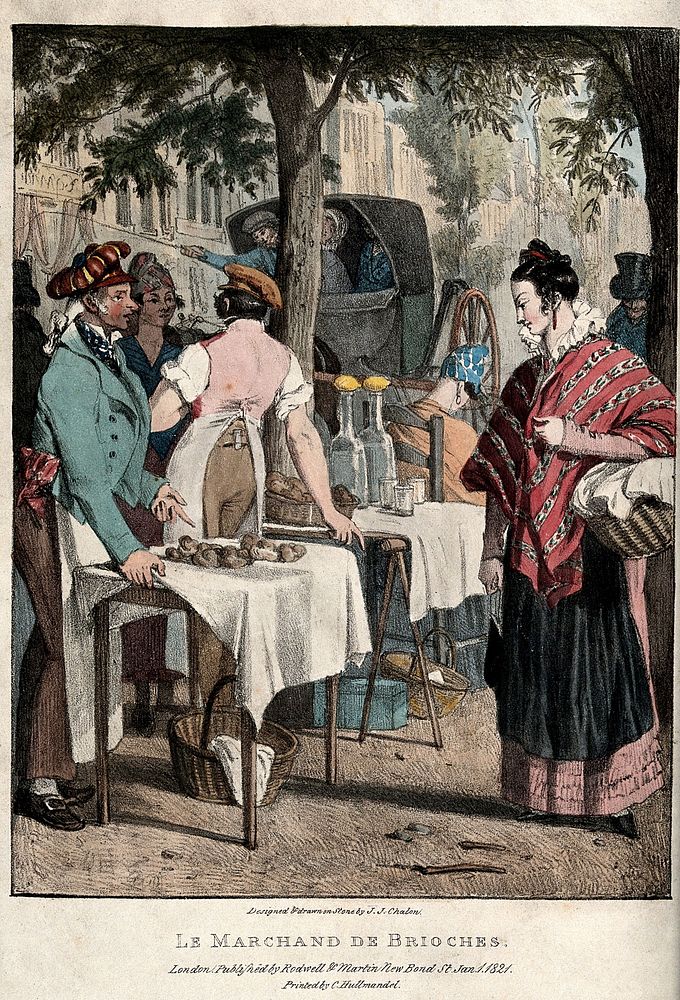 A street market in Paris: a seller of buns is trying to persuade a young woman to buy something from his stall. Coloured…