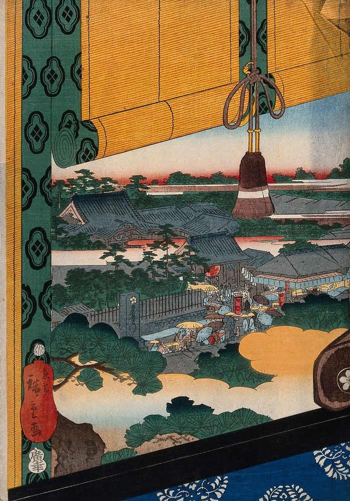 A sumo contest in the precinct of Ekōin temple in Edo. Colour woodcut by Hiroshige, 1849/1850.
