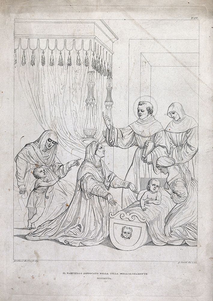 Saint Antony of Padua reviving an infant from cot death . Etching by G. Canuti after Girolamo da Treviso.