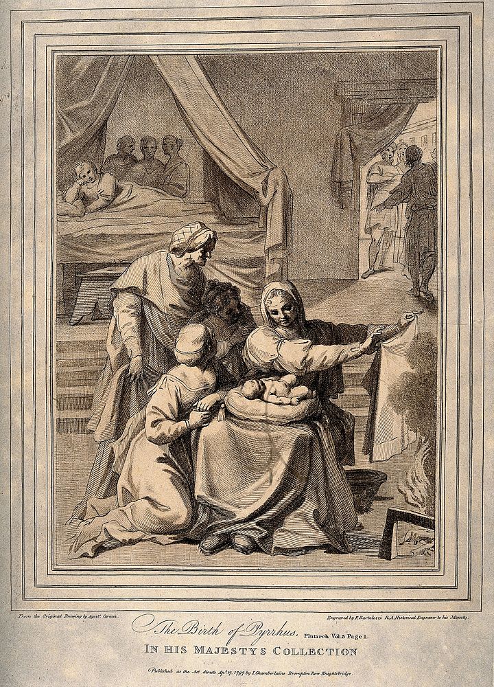 The birth of Pyrrhus, his mother Deidamia  recovers in bed while servants wash and tend him. Engraving by F. Bartolozzi…