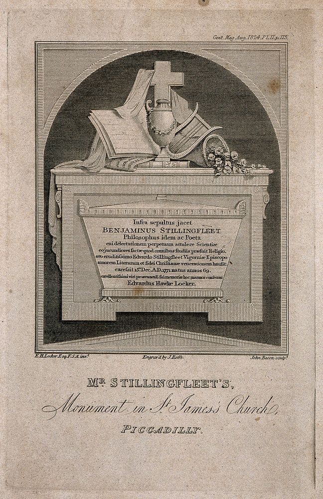 Monument to Benjamin Stillingfleet. Line engraving by J. Roffe, 1824, after E. H. Locker after J. Bacon.