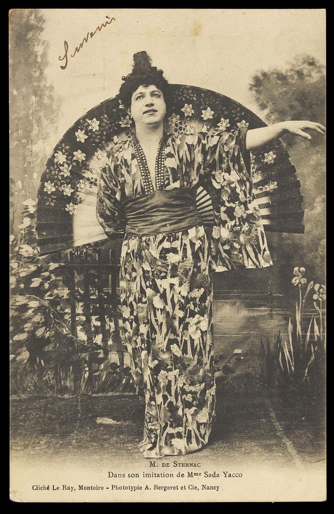M. de Sternac in drag as a geisha. Process print, ca. 1901.