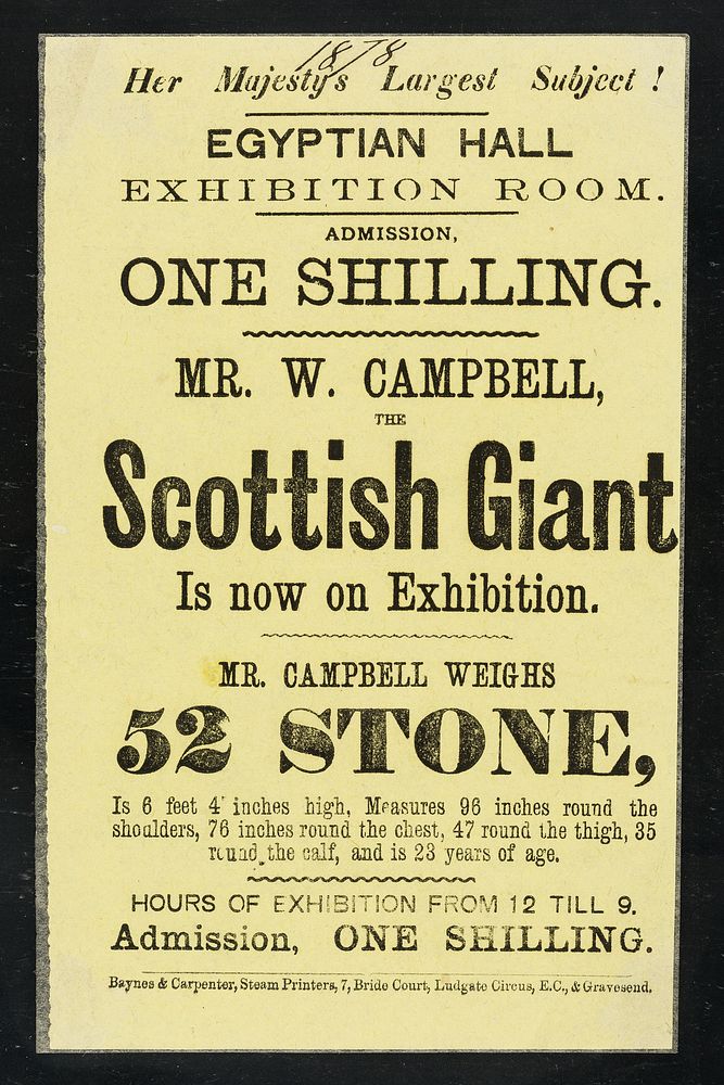 [Undated handbill (1878) advertising an exhibition of W. Campbell, the Scottish Giant, at the Egyptian Hall (London)].