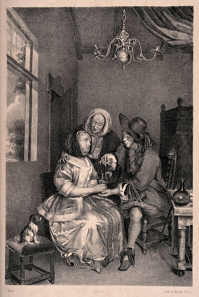 A young male physician stirring a medicinal mixture for a female patient, the patient's mother reassures her, a urine flask…