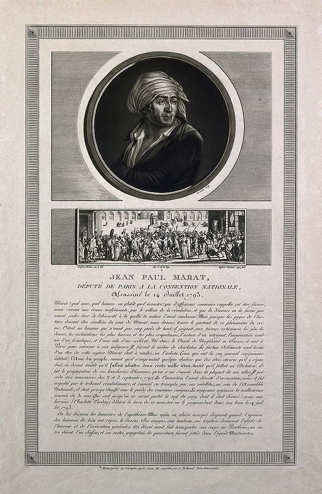 Jean Paul Marat. Mezzotint by C. F. Levachez & J. Duplessi-Bertaux, 1797.
