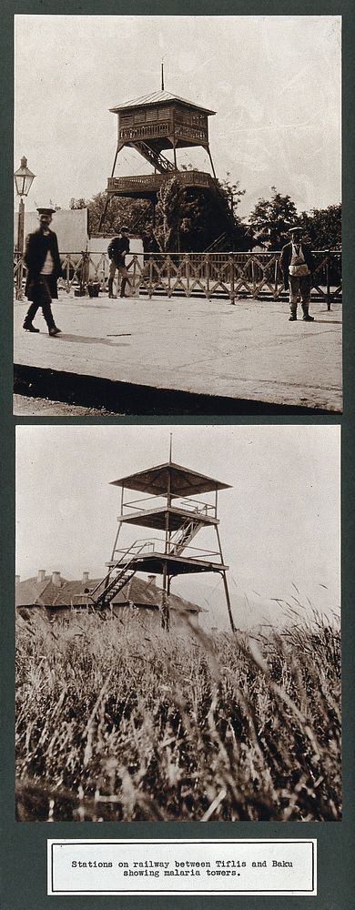 Azerbaijan (near Tibilisi and Baku): a malaria tower at a railway station; three men on the platform. Photograph, 1900/1920.