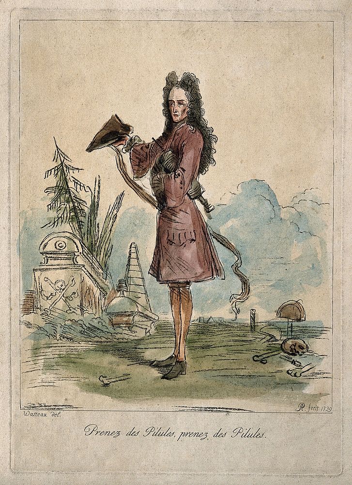 John Misaubin. Coloured soft-ground etching by A. Pond, 1739, after A. Watteau.