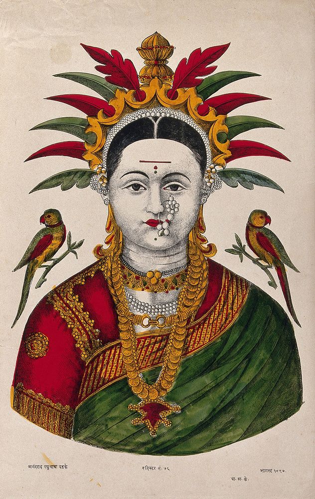 A heavily jewelled Mahalakshmi with two parrots. Coloured transfer lithograph by A.R. Raghunath, 1897.