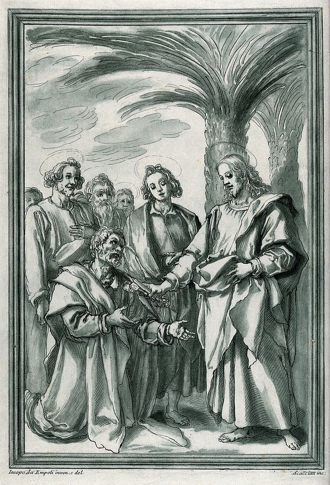 Jesus appoints Peter as head of the church. Colour etching by A. Scacciati, 1766, after J. Chimenti.