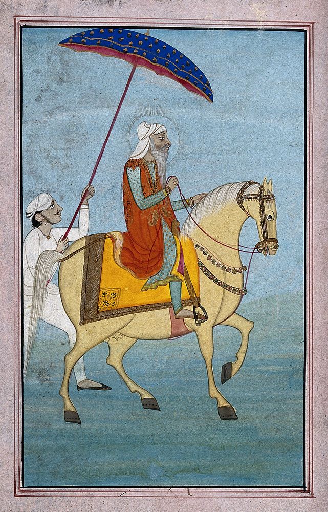 A Sikh man on a horse followed by a man holding a parasol. Gouache painting by an Indian painter.
