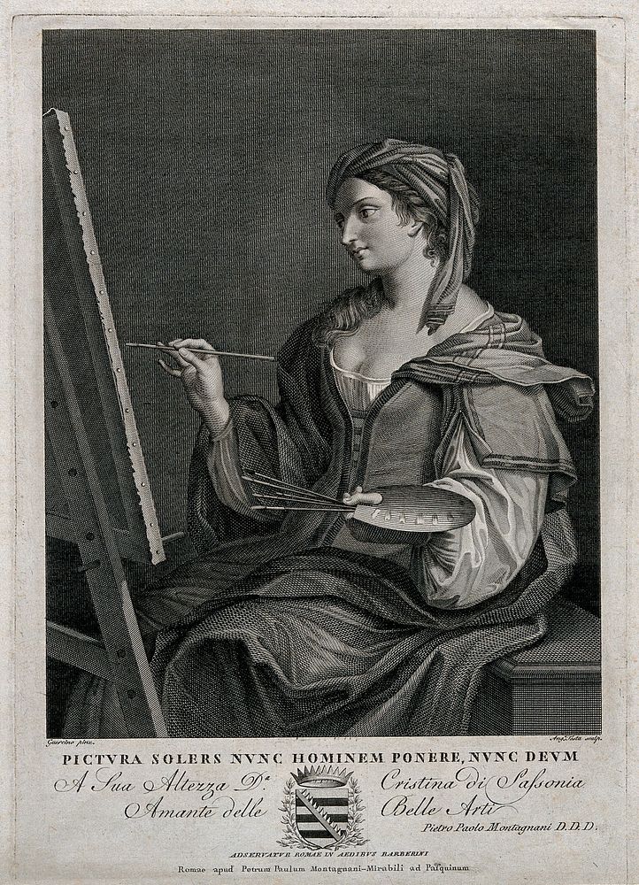 A woman personifying the art of painting. Engraving by A. Testa after G.F. Barbieri, il Guercino.