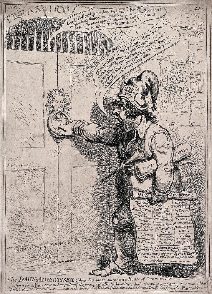 Charles James Fox as a newsboy delivering newspapers to the Treasury, spreading panic and advertising his suitability for a…