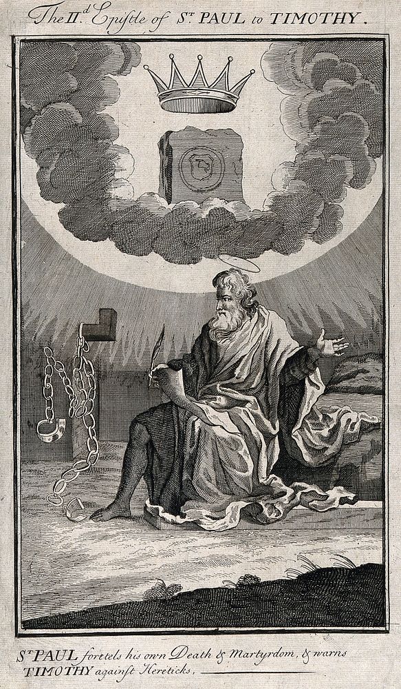 Saint Paul in prison, writing an epistle to Timothy: his shackles are broken. Engraving.