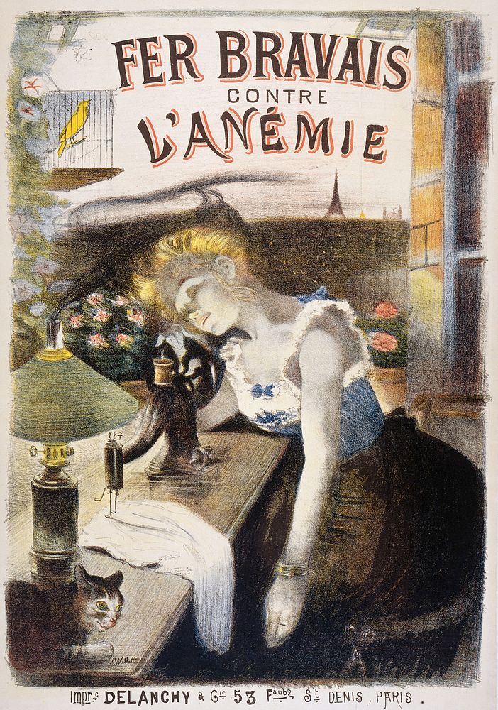A Parisian seamstress suffering from anaemia is pale and weary at her sewing machine and drops her scissors; advertising the…