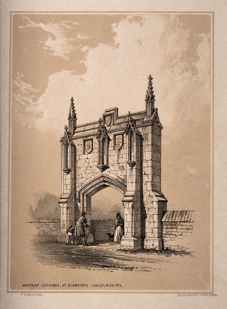 Stamford, Lincolnshire: an ancient gateway. Tinted lithograph by F. Bedford.