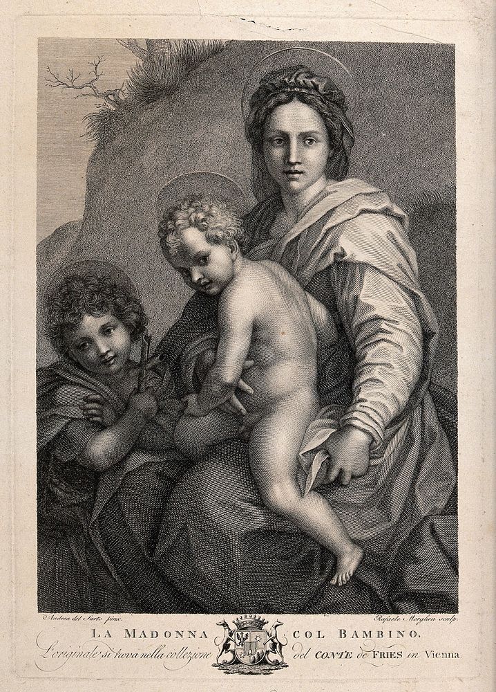 Saint Mary (the Blessed Virgin) with the Christ Child and Saint John the Baptist. Engraving by R. Morghen after Andrea del…