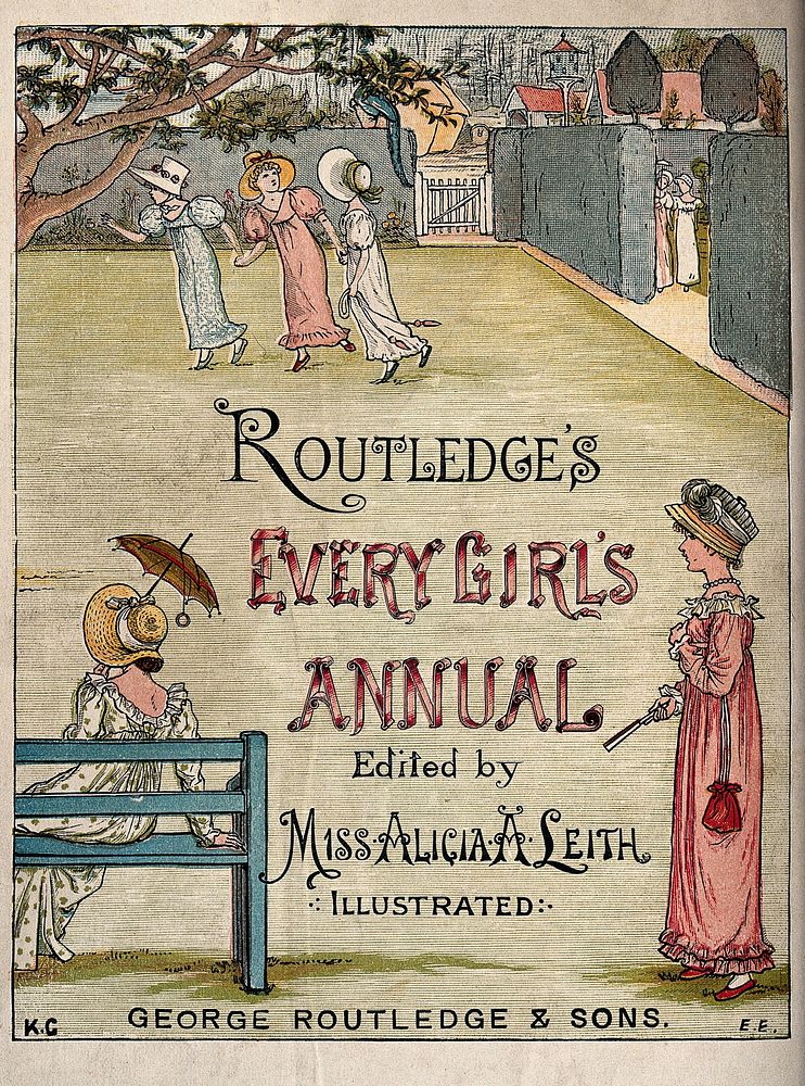 Girls at play in a garden: the frontispiece to Routledge's Every girl's annual. Coloured wood engraving by E. Evans after…