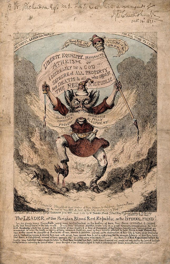 A fiery demon representing the chaos of the Paris Commune and more generally, the infernal results of the ideals of the…