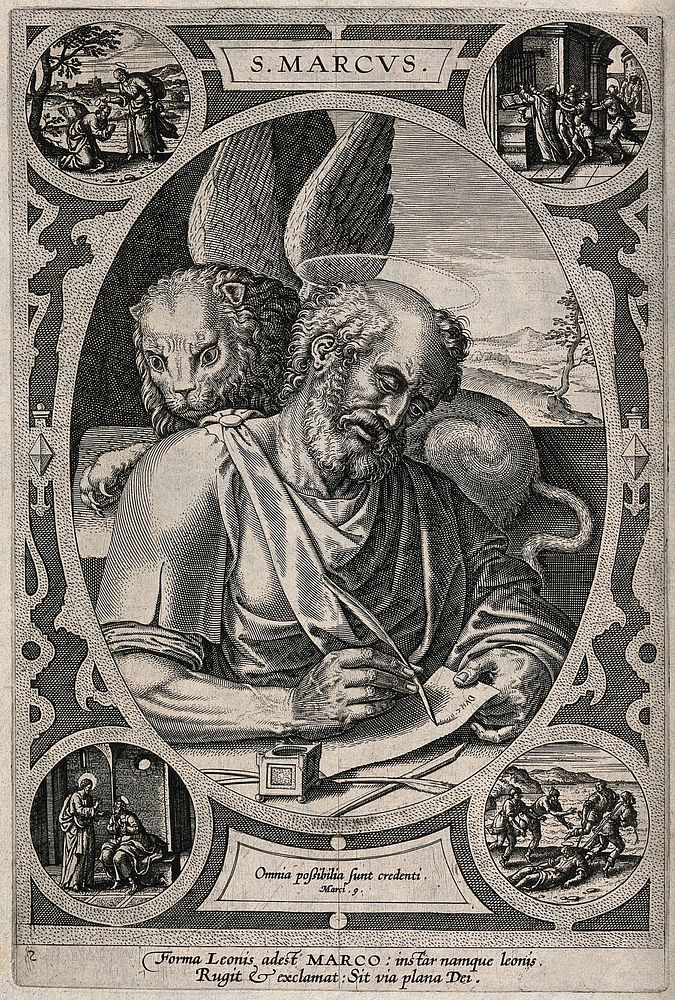 Saint Mark, writing his gospel. Engraving.