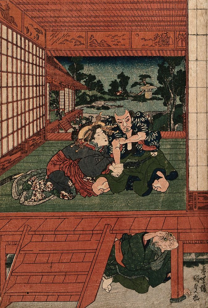 A scene of jealousy; a bespectacled older man spies on a couple from beneath a verandah. Coloured woodcut by Kunisada I, ca.…