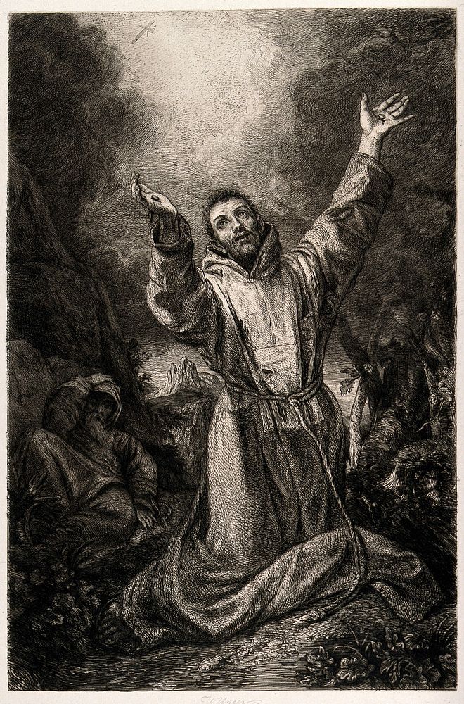 Saint Francis of Assisi receiving the stigmata of Christ. Etching by W. Unger after Carracci .