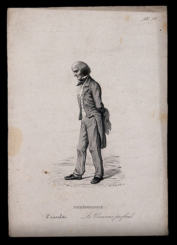 A man with a large, protruding head walking with a heavy gait; illustrating the reflective faculty in phrenology. Steel…