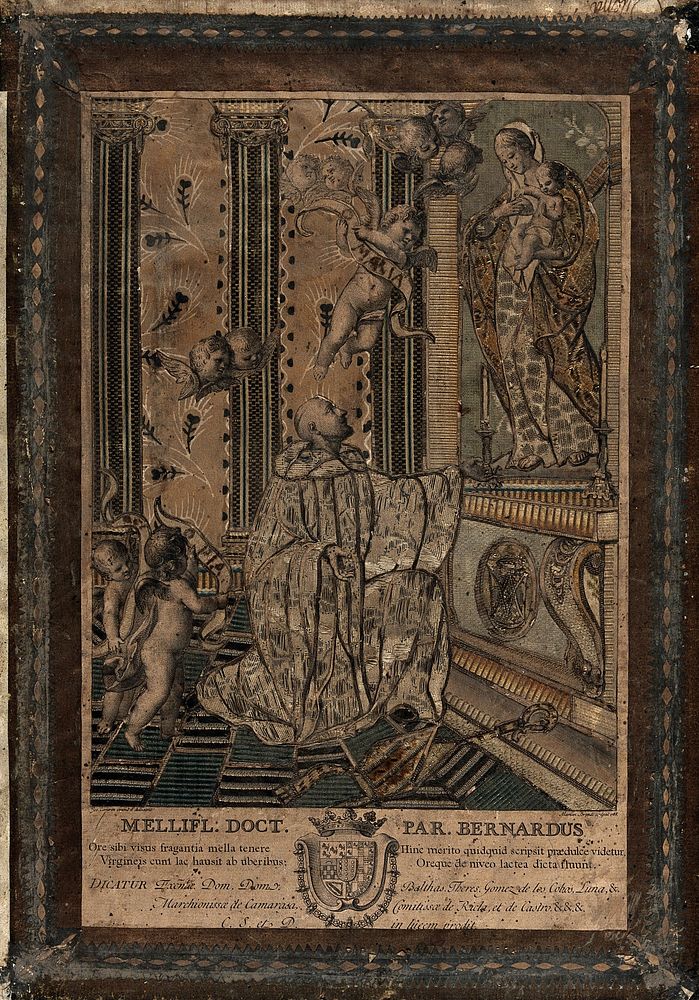 Saint Bernard of Clairvaux: he kneels before a vision of the Virgin and Christ Child. Line engraving by M. Brandi, 1788…