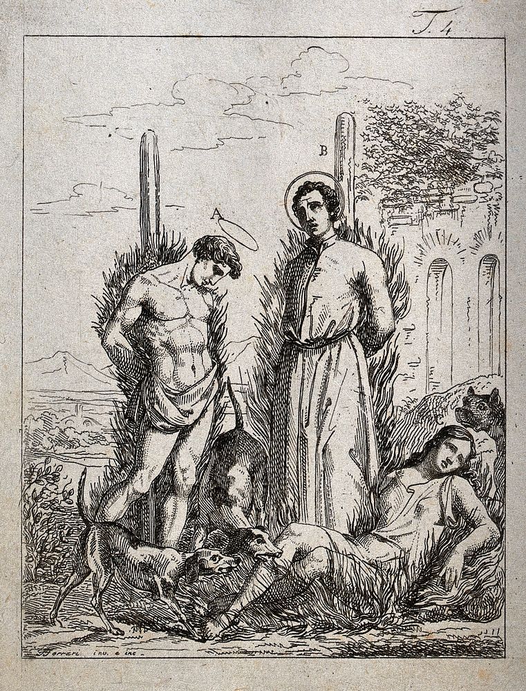 Martyrdom of two male saints by burning at the stake with a martyred female. Etching by Ferrari [Cesare Ferreri] after…