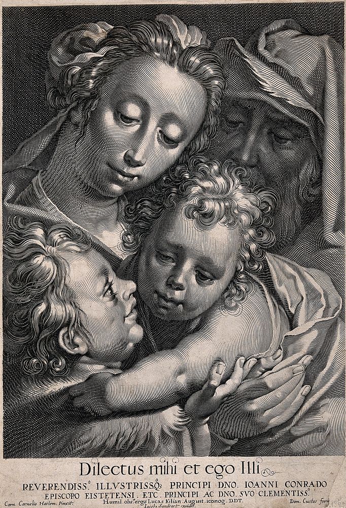 Saint Mary (the Blessed Virgin) and Saint Joseph with the Christ Child and Saint John the Baptist. Line engraving by J. van…