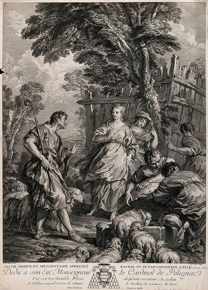 Jacob arrives among the shepherds of Haran; he falls in love with Rachel at first sight. Engraving by C.N. Cochin the elder…
