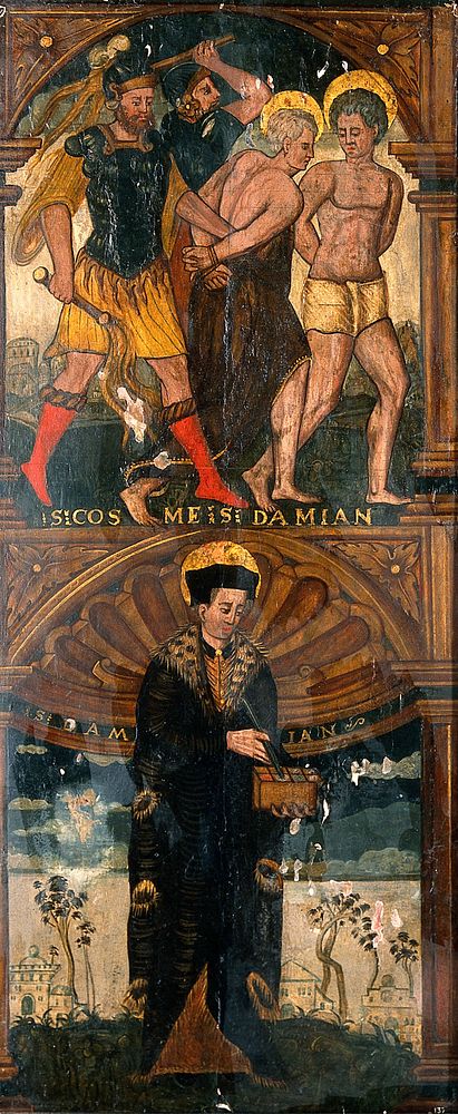 Saint Cosmas and Saint Damian being taken to martyrdom (above) and Saint Damian (below). Oil painting by a Spanish painter…