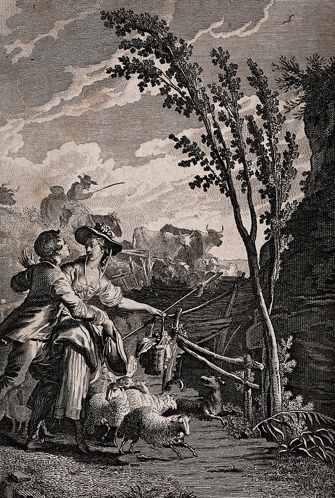 A young man rushes to speak to a young woman who is herding. Etching and engraving by J. Goldar.